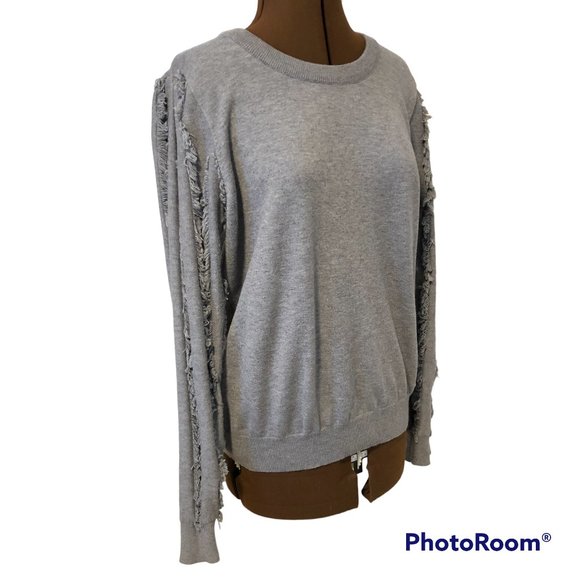 Grey Pullover Sweater with Fringe Trimmed Sleeves - Picture 4 of 6